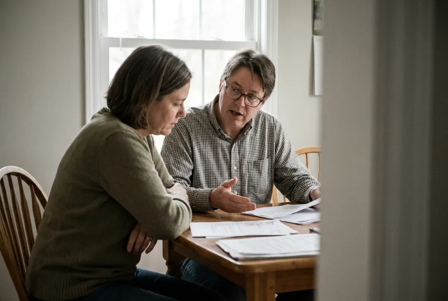 A couple sitting at a dining table, talking over paperwork spread out between them