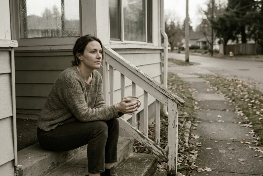 A woman sitting on the front steps of a house, holding a mug, looking out toward the street